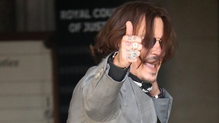 LONDON, ENGLAND - JULY 28: Johnny Depp arrives for the last day at Royal Courts of Justice, Strand on July 28, 2020 in London, England. American actor Johnny Depp is taking News Group Newspapers, publishers of The Sun, to court over allegations that he was violent towards his ex-wife, Amber Heard, 34. (Photo by Neil Mockford/GC Images)