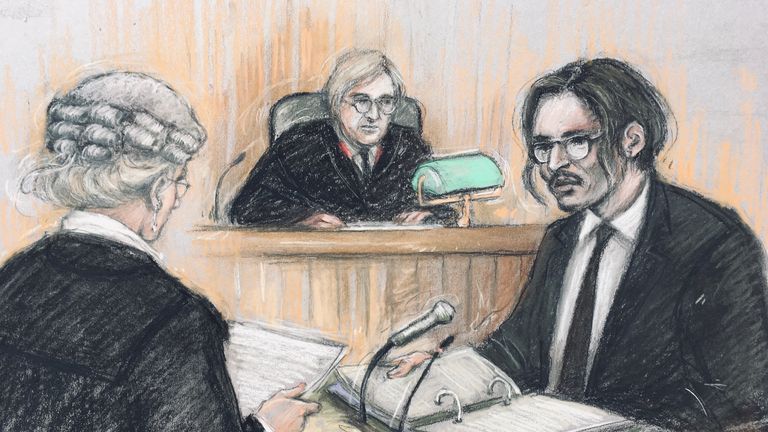 Court artist sketch by Elizabeth Cook of actor Johnny Depp (right) being cross-examined by Sasha Wass QC (left) before the judge, Mr Justice Nicol, at the High Court in London during a hearing in his libel case against the publishers of The Sun and its executive editor, Dan Wootton.