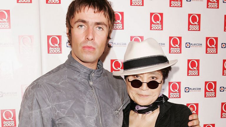 Oasis&#39;s Liam Gallagher poses with John Lennon&#39;s widow Yoko Ono at the Q Awards in 2005