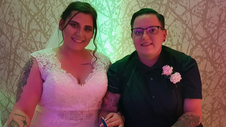 Handout photo dated 04/07/20 issued by Halton Borough Council showing Louise Arnold-Wilson (right) and Jennifer (left) who were married at Runcorn Town Hall Registry Office at one minute past midnight as the lifting of further lockdown restrictions in England came into effect.

