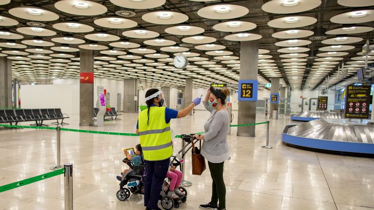 Temperature checks at Adolfo Suarez Madrid-Barajas Airport in Spain