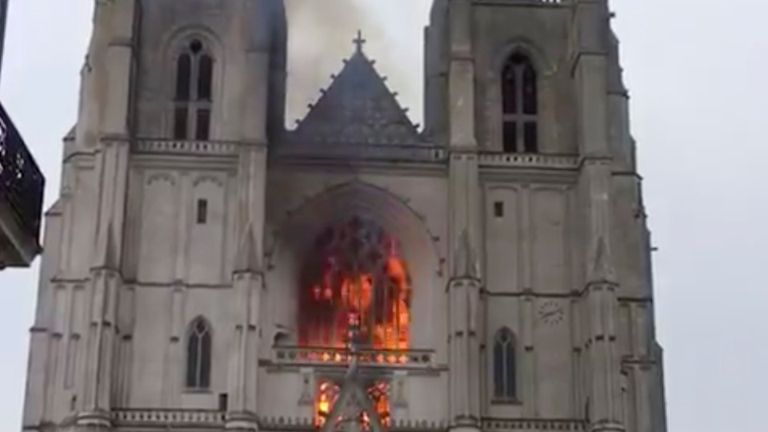 The Cathedral of Saint Pierre and Saint Paul in Nantes on fire. Pic: Ludovic Stang/via REUTERS 