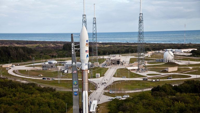 The Atlas V rocket is upright at the Kennedy Space Centre. Pic: NASA