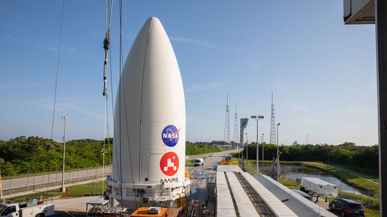 The payload fairing, or nose cone, containing the Mars 2020 Perseverance rover sits atop the motorized payload transporter that will carry it to Space Launch Complex 41 on Cape Canaveral Air Force Station in Florida. The image was taken on July 7, 2020. 