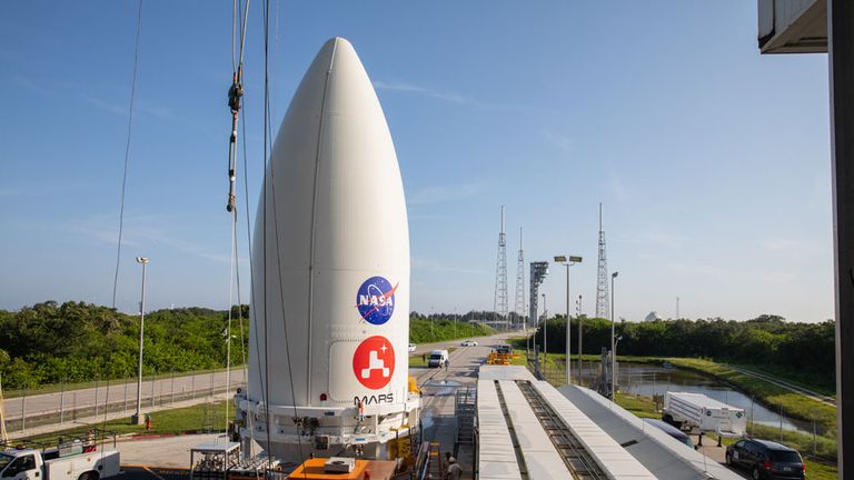 The payload fairing, or nose cone, containing the Mars 2020 Perseverance rover sits atop the motorized payload transporter that will carry it to Space Launch Complex 41 on Cape Canaveral Air Force Station in Florida. The image was taken on July 7, 2020.

