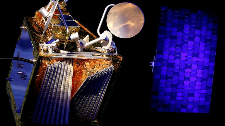 FILE PHOTO: A scale model of an Airbus OneWeb satellite and its solar panel are pictured as Airbus announces annual results in Blagnac, near Toulouse, France February 14, 2019. 