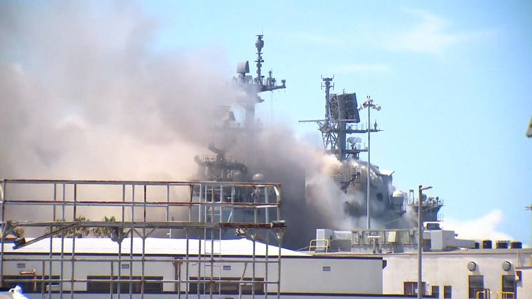 An explosion was followed by a fire and lots of smoke on the ship