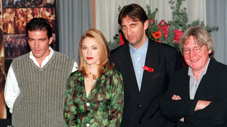 Madonna, the star of Alan Parkr&#39;s "Evita", with co-stars Antonio Banderas (left), British actor/singer Jimmy Nail (2nd right) and director/producer Alan Parker (right), in London today (Weds), prior to tomorrow night&#39;s Gala International Premiere of the film, composed by Sir Andrew Lloyd Webber, at the Empire, Leicester Square. Photo by Sean Dempsey. * 4/8/99: Parker becomes the first chairman of the new film council. He was chosen for the unpaid part-time post from a field of several candidates