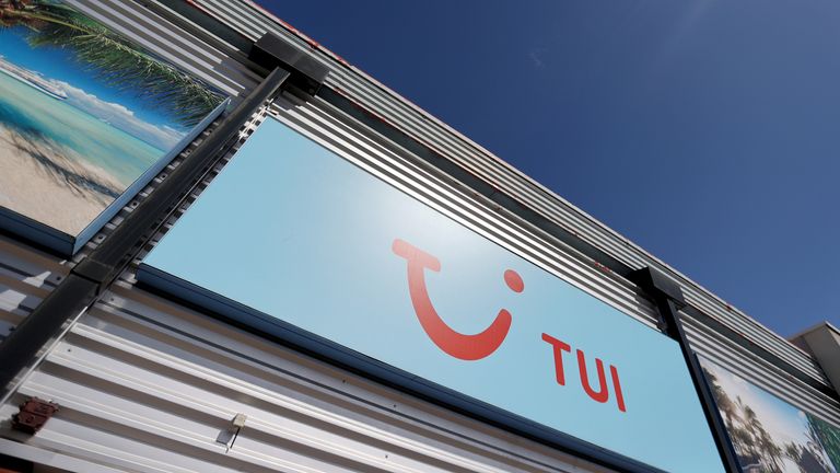 TUI logo is seen at the TUI travel center following the coronavirus disease (COVID-19) outbreak, in Hanley, Stoke-on-Trent, Britain, July 28, 2020. REUTERS/Carl Recine