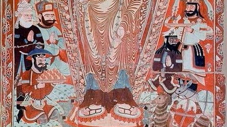 A scene in the Bezeklik caves in Xinjiang from the 9th century showing people from many origins