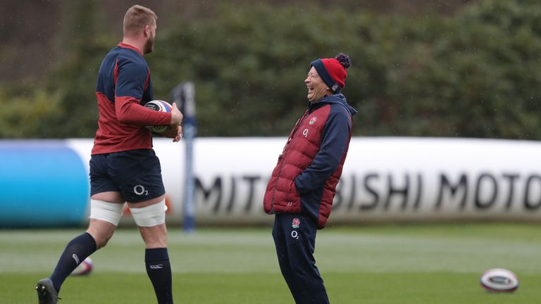 England head coach Eddie Jones (centre) during the training session at Pennyhill Park, Bagshot. March 4, 2020.
