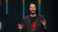 LOS ANGELES, CALIFORNIA - JUNE 09:  Actor Keanu Reeves speaks about "Cyberpunk 2077" from developer CD Projekt Red during the Xbox E3 2019 Briefing at The Microsoft Theater on June 09, 2019 in Los Angeles, California. (Photo by Christian Petersen/Getty Images)