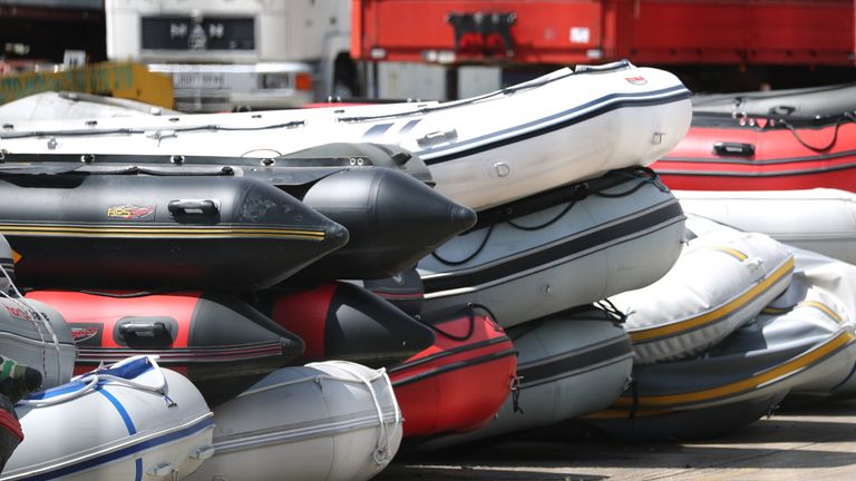 Boats in a secure compound in Dover which have been seized after being intercepted in the Channel while carrying migrants from the French coast to England.