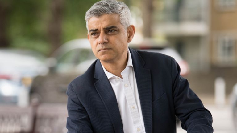 Mayor of London Sadiq Khan in London today after trying out a new Streetspace protected cycle lane in the capital at the launch a new online cycle training scheme.