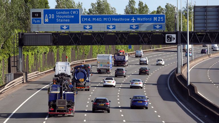 Traffic on the M25 motorway near Egham, Surrey, after the Prime Minister Boris Johnson said people who cannot work from home should be "actively encouraged" to return to their jobs from Monday.
