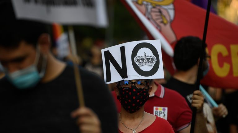 A woman attends a demonstration against the alleged corrupted monarchy in Madrid on July 25, 2020. - The Spanish Supreme Court announced in June the opening of an investigation to establish whether former King Juan Carlos has criminal responsibility in an alleged corruption case when Saudi Arabia entrusted the construction of the Mecca TGV to a Spanish consortium. (Photo by PIERRE-PHILIPPE MARCOU / AFP) (Photo by PIERRE-PHILIPPE MARCOU/AFP via Getty Images)