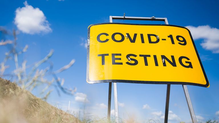 MANSTON, ENGLAND - AUGUST 04: A traffic sign directs people towards the temporary testing centre on the site at Manston Airport on August 04, 2020 in Manston, England. A group of Britain's leading virus experts have written to the government, expressing their frustration at the mistakes being made in the country's response to the COVID-19 pandemic. In the letter, signed by nearly 70 clinical virologists, they state that “Our skills have been underused and underrepresented (albeit to differing extents within the devolved nations of the UK), resulting in lost opportunities to establish a coordinated robust and durable testing framework for Sars-CoV-2.” (Photo by Leon Neal/Getty Images)