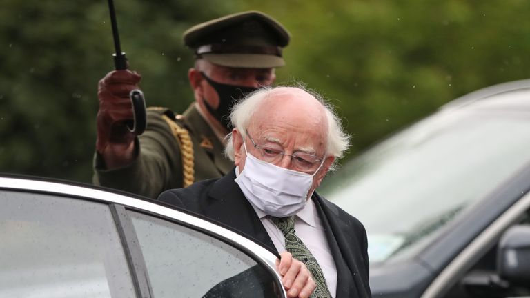 The President of Ireland Michael D. Higgins arrives at St Eugene's Cathedral in Londonderry for the funeral of John Hume.