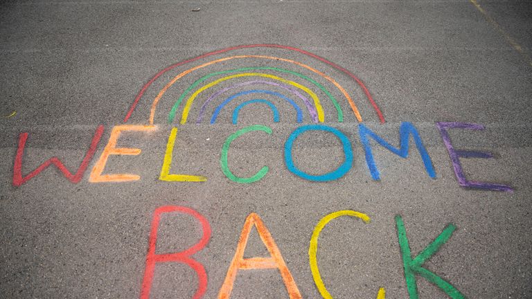 CARDIFF, WALES - JUNE 29: A sign saying "welcome back" and a rainbow on the floor at Roath Park Primary School on June 29, 2020 in Cardiff, Wales. Schoolchildren of all years will be able to return after months of pandemic-inspired closure, but only a third of a school's pupils will be allowed to attend at once. Due to Wales' devolved governance, the decision to reopen schools rested with its education minister, not the British government. (Photo by Matthew Horwood/Getty Images)