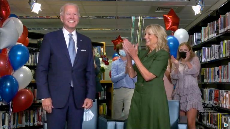 MILWAUKEE, WI - AUGUST 18: In this screenshot from the DNCC’s livestream of the 2020 Democratic National Convention, Presumptive Democratic presidential nominee former Vice President Joe Biden and Former U.S. Second Lady Dr. Jill Biden together give a thank you speech with supporters during the virtual convention on August 18, 2020.  The convention, which was once expected to draw 50,000 people to Milwaukee, Wisconsin, is now taking place virtually due to the coronavirus pandemic.  (Photo by DNCC via Getty Images)  (Photo by Handout/DNCC via Getty Images)