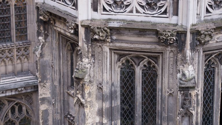 Crumbling stonework on the exterior of the Palace of Westminster, as MPs have been warned that it needs to be evacuated for multibillion-pound emergency repairs if it is to avoid the increasing risk of being ravaged by fire or swamped in a sewerage flood.