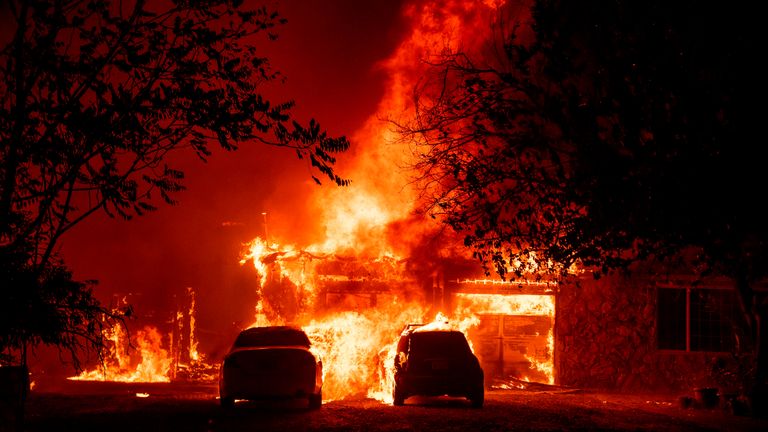 A home burns in Vacaville, California during the LNU Lightning Complex fire on August 19, 2020. - As of the late hours of August 18,2020 the Hennessey fire has merged with at least 7 fires and is now called the LNU Lightning Complex fires. Dozens of fires are burning out of control throughout Northern California as fire resources are spread thin. (Photo by JOSH EDELSON / AFP) (Photo by JOSH EDELSON/AFP via Getty Images)