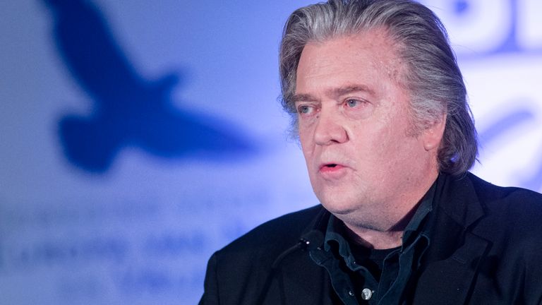 BRUSSELS, BELGIUM - DECEMBER 8, 2018 :  Former White House Chief Stratgist and Senior Counselor to President Donald Trump and CEO of the Trump Presidential Campaign Steve Bannon delivers a speach during a conference on the global compact for migration organised by Flemish far-right party Vlaams Belang at the Flemish Parliament in Brussels, on December 8, 2018 in Brussels, Belgium. (Photo by Thierry Monasse/Getty Images)