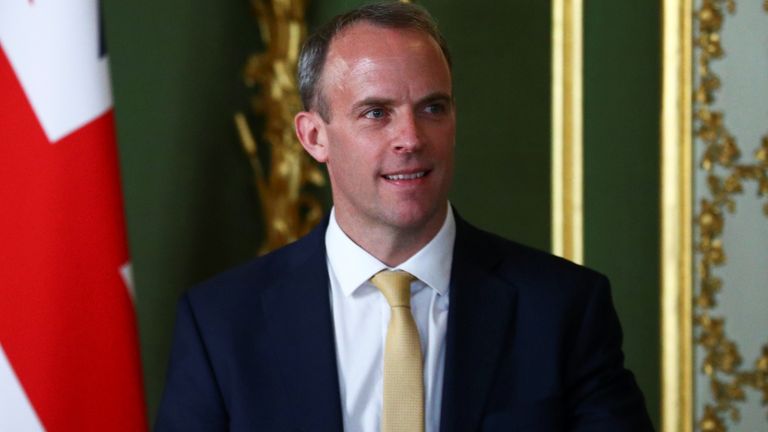 LONDON, ENGLAND - JULY 21: Britain&#39;s Foreign Secretary Dominic Raab speaks during a joint press conference with U.S. Secretary of State Mike Pompeo at Lancaster House on July 21, 2020 in London, England. (Photo by Hannah McKay - WPA Pool/Getty Images)