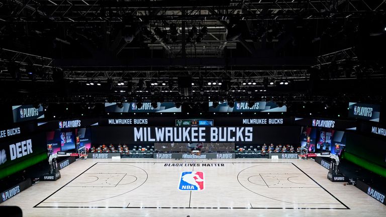 LAKE BUENA VISTA, FLORIDA - AUGUST 26: The court and benches are empty after the scheduled start of game five between the Milwaukee Bucks and the Orlando Magic in the first round of the 2020 NBA Playoffs at AdventHealth Arena at ESPN Wide World Of Sports Complex on August 26, 2020 in Lake Buena Vista, Florida.  According to reports, the Milwaukee Bucks have boycotted their game 5 playoff game against the Orlando Magic to protest the shooting of Jacob Blake by Kenosha, Wisconsin police. NOTE TO USER: User expressly acknowledges and agrees that, by downloading and or using this photograph, User is consenting to the terms and conditions of the Getty Images License Agreement. (Photo by Ashley Landis-Pool/Getty Images)