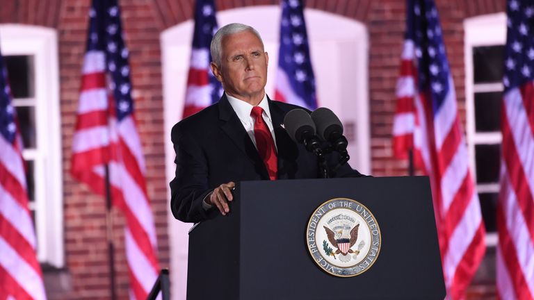 US Vice President Mike Pence speaks during the third night of the Republican National Convention at Fort McHenry National Monument in Baltimore, Maryland, August 26, 2020. (Photo by SAUL LOEB / AFP) (Photo by SAUL LOEB/AFP via Getty Images)