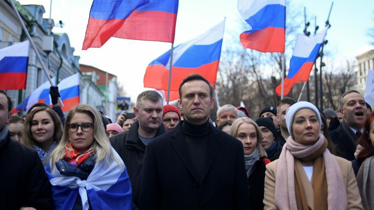 Alexei Navalny marching in memory of murdered Kremlin critic Boris Nemtsov in Moscow in February