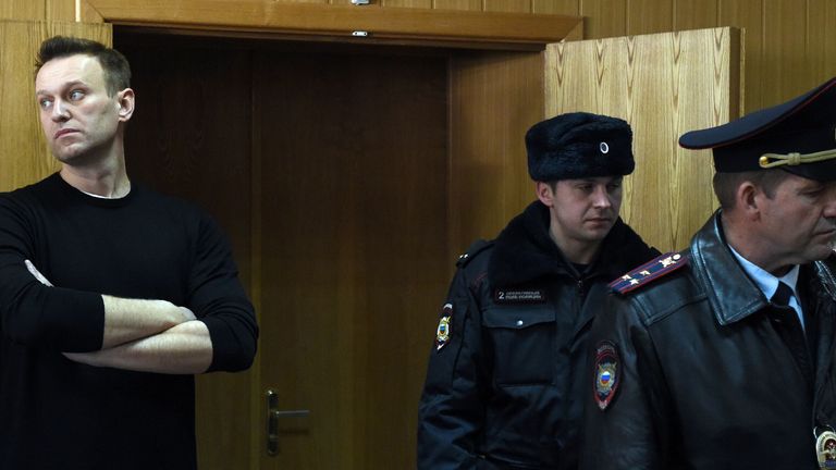 Kremlin critic Alexei Navalny in court in Moscow in 2017 after being arrested at a demostration