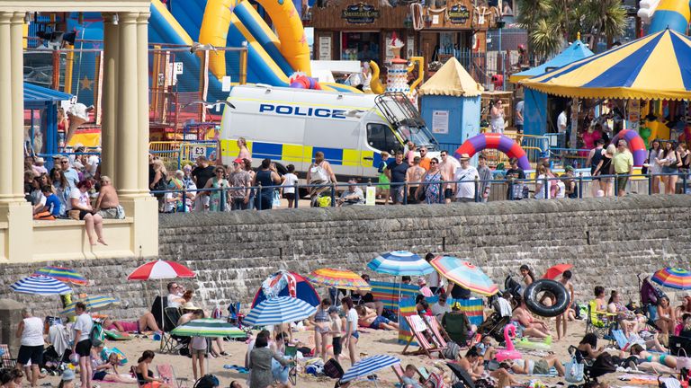 A police van on the promenade as Barry Island gets congested with beachgoers