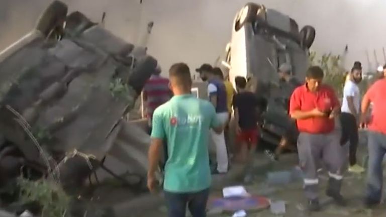 Cars upturned after Beirut explosion