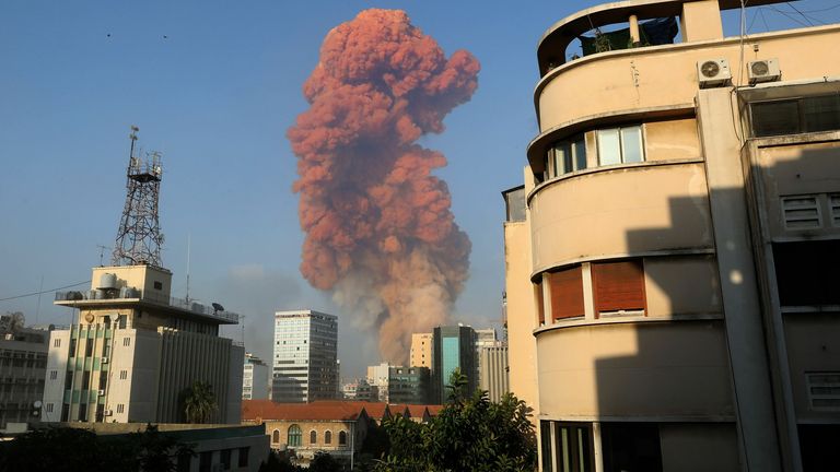 A picture shows the scene of an explosion in Beirut on August 4, 2020. - A large explosion rocked the Lebanese capital Beirut on August 4, an AFP correspondent said. The blast, which rattled entire buildings and broke glass, was felt in several parts of the city. (Photo by Anwar AMRO / AFP) (Photo by ANWAR AMRO/AFP via Getty Images)