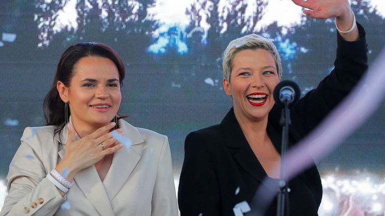 Belarus opposition candidate Svetlana Tikhanouskaya (left) with one of her team members Maria Kolesnikova (right)
