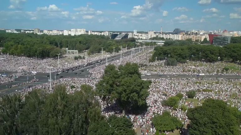 Tens of thousands gather in unprecedented protests in Belarus.