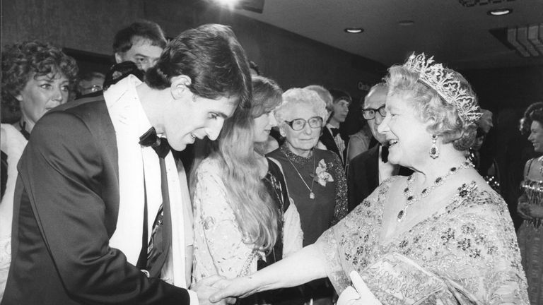 Ben Cross with the Queen Mother at the premiere of Chariots of Fire in 1981