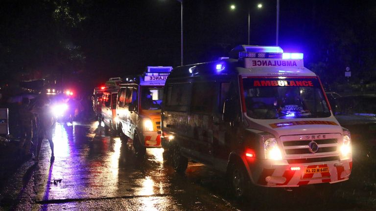 Rows of ambulances are seen outside the Calicut International Airport 