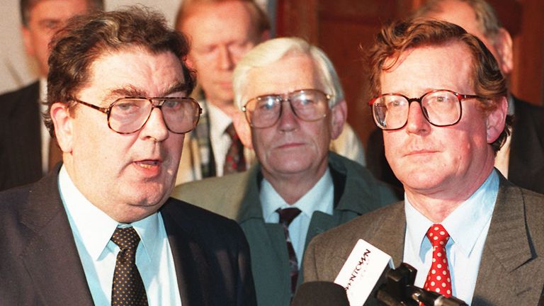 John Hume, leader of the SDLP, talks to journalists on the steps of the County Antrim Hotel, near Belfast, this evening (Monday) as Ulster Unionist leader David Trimble (right) looks on. Following their meeting, the leaders agreed to seek talks with Prime Minister John Major on the future of Northern Ireland&#39;s economy. Photo by Brian Thompson/PA. SEE PA STORY ULSTER Politics.