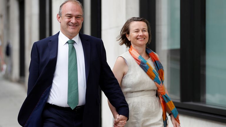 Ed Davey, Liberal Democrat leadership contender, arrives with his wife Emily for the announcement of the new leader of the Liberal Democrats party in London, Britain July 22, 2019. REUTERS/Peter Nicholls