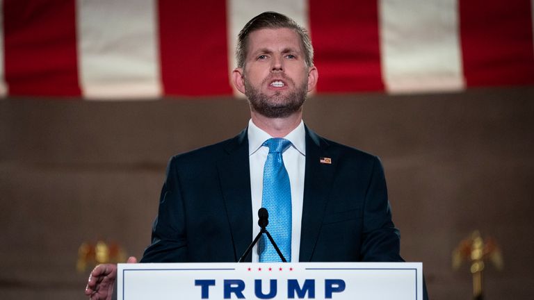 WASHINGTON, DC - AUGUST 25: Eric Trump, son of U.S. President Donald Trump, pre-records his address to the Republican National Convention at the Mellon Auditorium on August 25, 2020 in Washington, DC. The coronavirus pandemic has forced the Republican Party to move away from an in-person convention to a televised format, similar to the Democratic Party&#39;s convention a week earlier. (Photo by Drew Angerer/Getty Images)