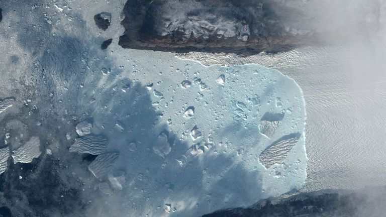 Tracy glacier is seen in this satellite handout image from Greenland, September 7, 2018, provided by Maxar Technologies on August 14, 2020. Satellite image ©2020 Maxar Technologies/Handout via REUTERS THIS IMAGE HAS BEEN SUPPLIED BY A THIRD PARTY. NO RESALES. NO ARCHIVES MANDATORY CREDIT
