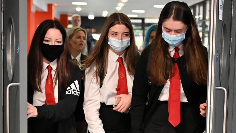 GLASGOW, SCOTLAND - AUGUST 12: Pupils return to St Paul&#39;s High School for the first time since the start of the coronavirus lockdown nearly five months ago on August 12, 2020 in Glasgow, Scotland. Pupils will return to more of Scotland&#39;s schools today, as the fallout continues from the government’s decision to upgrade exam results. (Photo by Jeff J Mitchell/Getty Images)