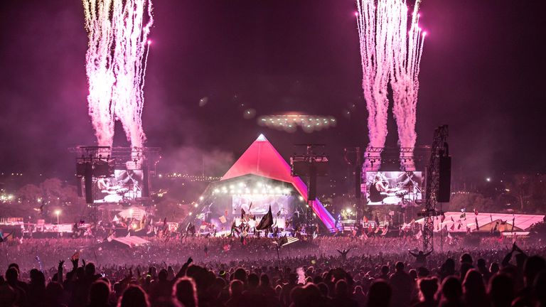 Fireworks mark the end of the Foo Fighters performance at the Glastonbury Festival site at Worthy Farm in Pilton on June 24, 2017