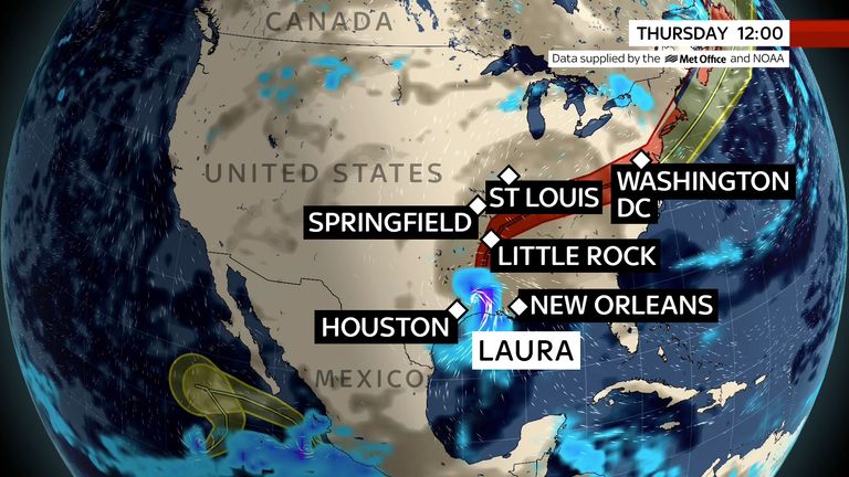 A map shows where Hurricane Laura is expected to hit