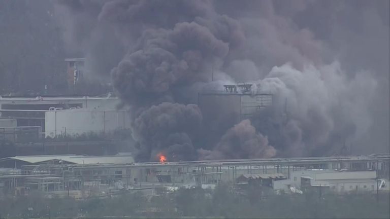 The storm has set off a huge chemical fire