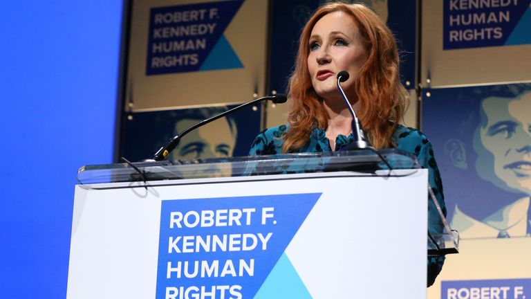 NEW YORK, NEW YORK - DECEMBER 12: J.K. Rowling accepts an award onstage during the Robert F. Kennedy Human Rights Hosts 2019 Ripple Of Hope Gala & Auction In NYC on December 12, 2019 in New York City. (Photo by Bennett Raglin/Getty Images for for Robert F. Kennedy Human Rights)