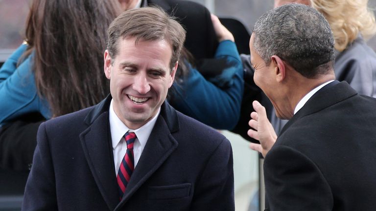 Joe Biden&#39;s son, Beau, holding the family bible at the vice presidential swearing-in, died in 2015