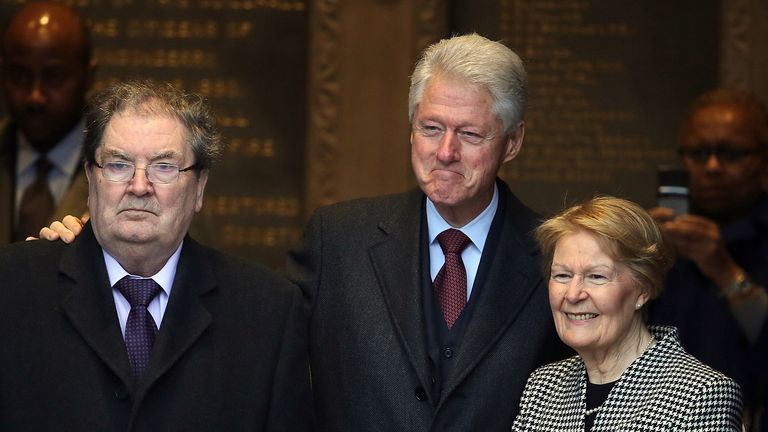 File photo dated 05/03/2014 of Former US President Bill Clinton (centre) with John Hume and his wife Pat at the Guildhall in Londonderry, the former SDLP leader has died at the age of 83.